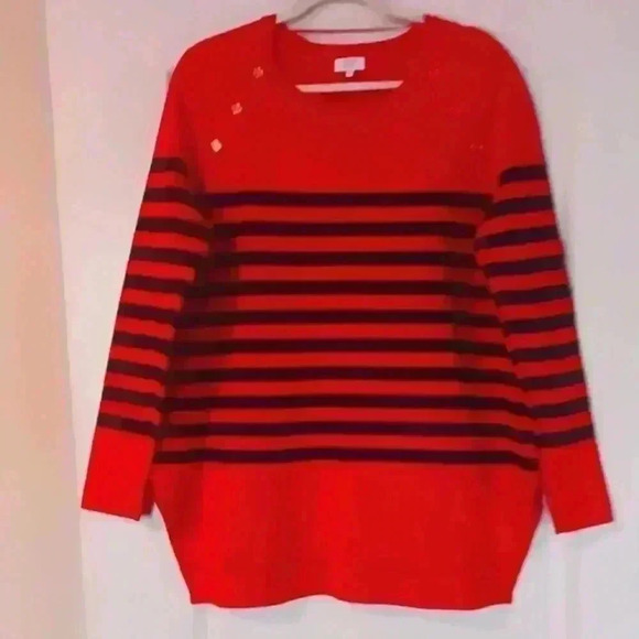 Red and black stripe Christmasy Crown and Ivy tartan sweater. Gold tone buttons. - Picture 1 of 5